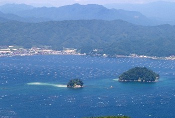 手前にはオランダ島と小島が浮かぶ山田湾、奥の海沿いには街並みが広がり、さらにその奥には緑の山々が連なっている