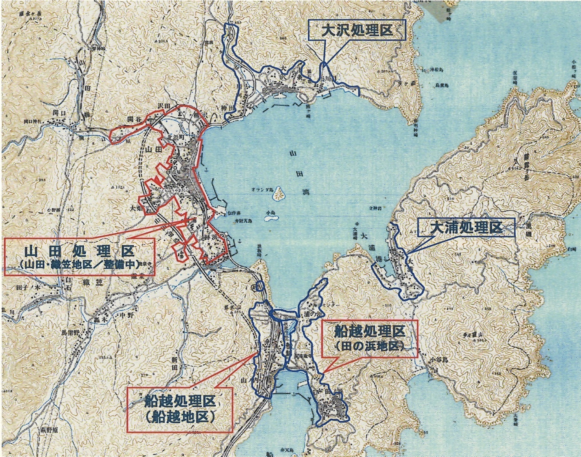 山田町で下水道を利用できる処理区の図です。なお、山田処理区は現在整備中です。